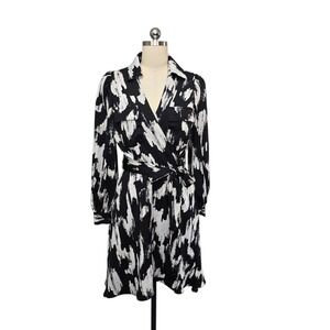 DKNY Womens Black White Abstract Brushstroke Wrap Dress Long Sleeve Collared 4